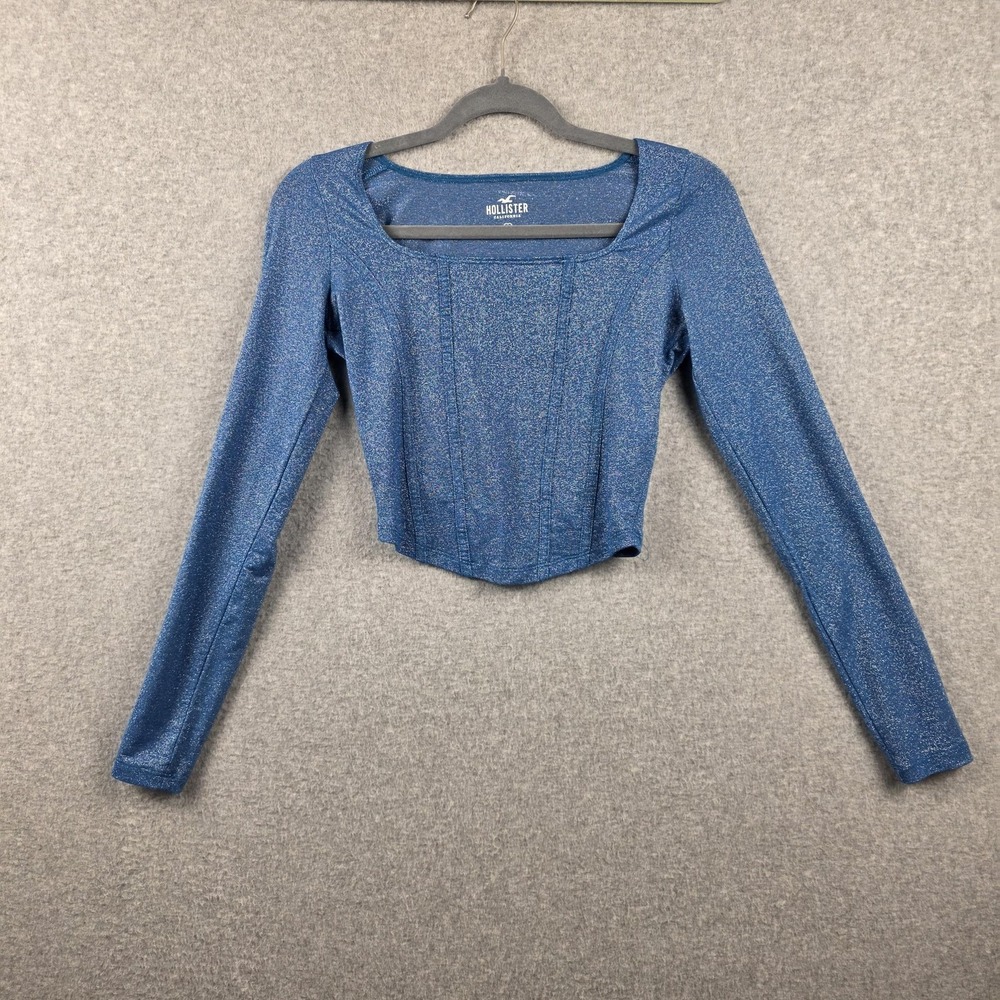 Hollister Blouse Teens Small Blue Metallic Shimmer Square Neck Long Sleeve Crop
